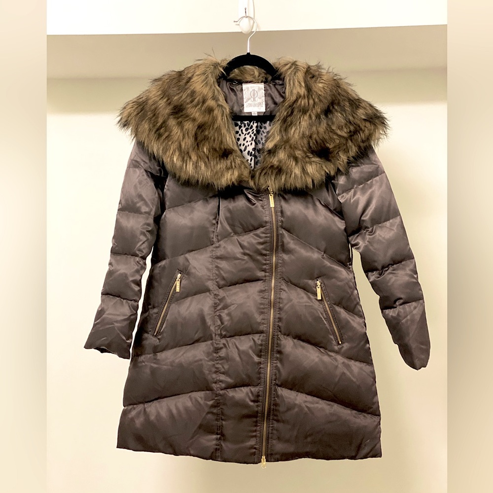 Jennifer Lopez Satin Bronze Puffer Coat with Faux Fur Lion Mane Collar, Size L